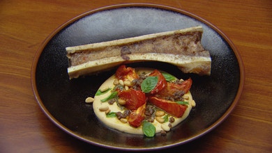 Roasted Bone Marrow with Pine Nut Pudding