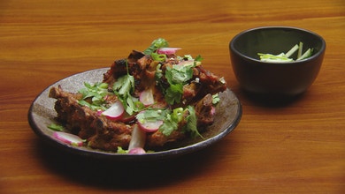 Miso Pork Ribs with Roasted Radishes and Cucumber Pickle