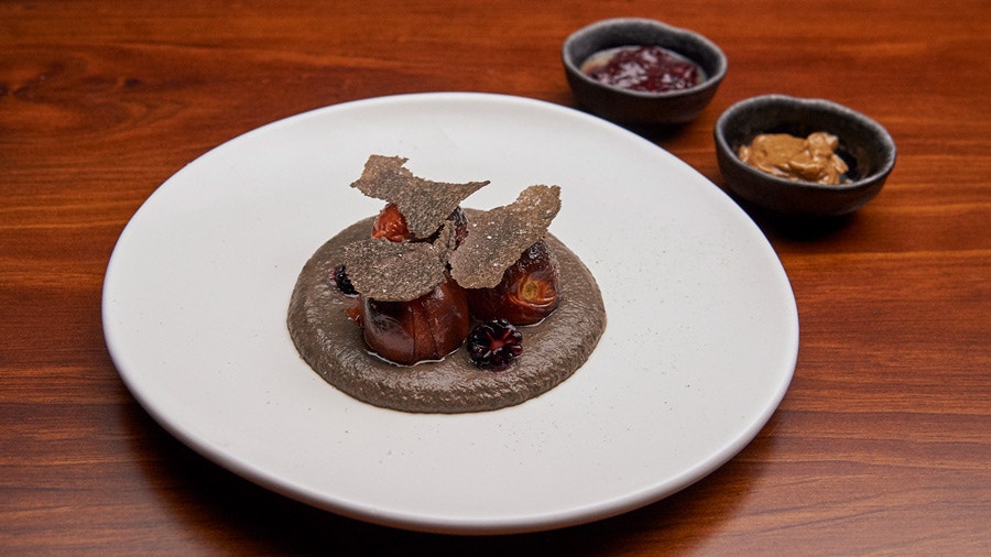 Roast Tomatoes, Eggplant, Tahini and Black Garlic Puree