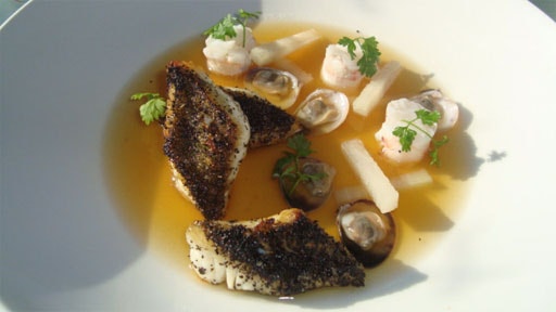 Seafood Consomme with Tea Crusted Flathead, Poached Scampi and Vongole
