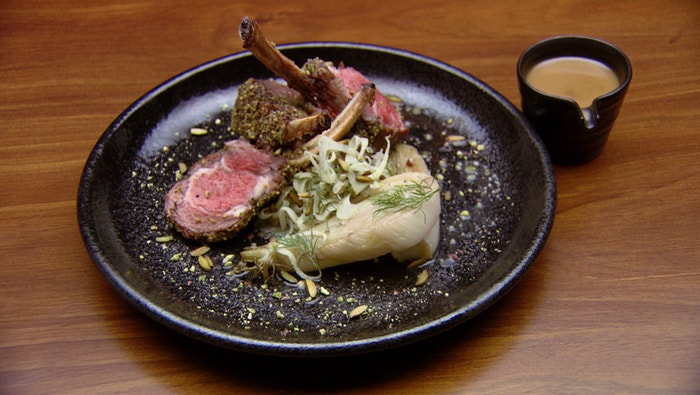 Pistachio-Crusted Lamb with Confit Fennel and Pistachio and Fennel Salad