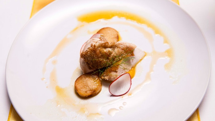 Roast Chicken, Pumpkin Puree Potato Scallops and Saffron Jus