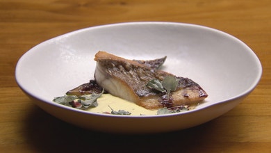 Salt and Pepper Snapper with Mustard Emulsion and Charred Cucumber