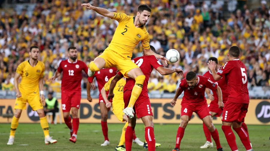 Milon Degenek of Australia contests the ball during the International Friendly Match between the Australian Socceroos and Lebanon