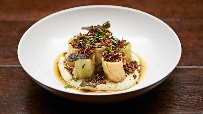 Pumpkin Ricotta Rotolo with Cauliflower and Leeks