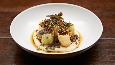 Pumpkin Ricotta Rotolo with Cauliflower and Leeks
