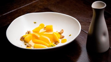 Mango with Custard and Spiced Nuts