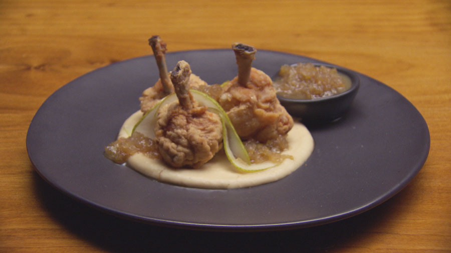 Crispy Chicken Drumettes, Pear Chutney and White Bean Puree