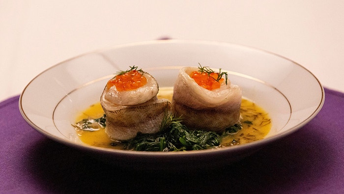 Whiting with Wilted Spinach, Dill Beurre Blanc and Caviar