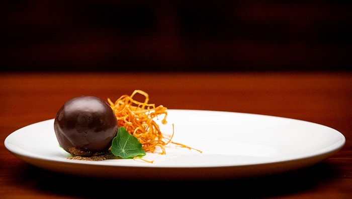 Caramel Porcini Mousse Balls with Fried Enoki