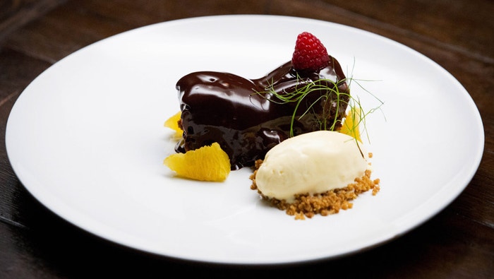 Chocolate Pistachio Brownie, Chocolate Mousse and Orange Ice Cream