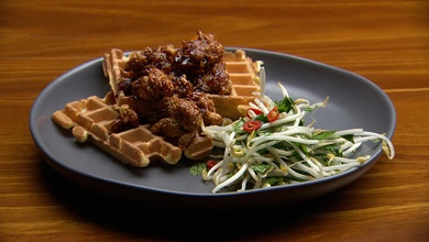 Waffles with Triple Fried Chicken and Chilli Caramel