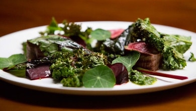 Seared Beef Fillet with Smoked Beurre Rouge, Crispy Kale, Roast Beetroots and Salsa Verde
