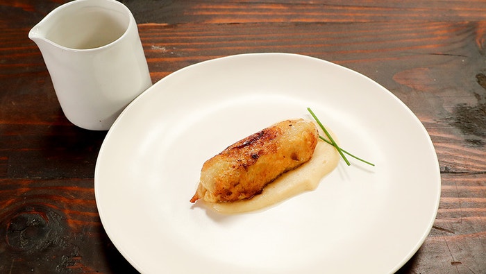 Chicken Sausage with Onion Potato Puree and Chicken Jus