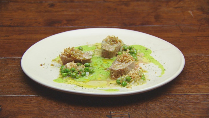Duck Breast with Pea Puree and Bay Leaves