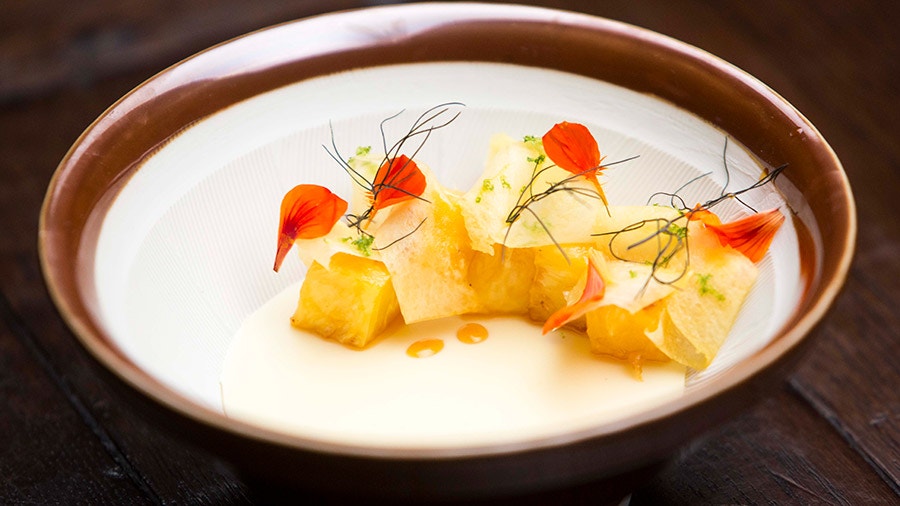 Mango Cream with Spiced Pineapple and Lemongrass and Ginger Consomme