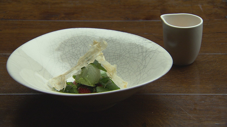 Coriander Ice Cream with Crispy Curry Leaves and Spiced Brik Pastry
