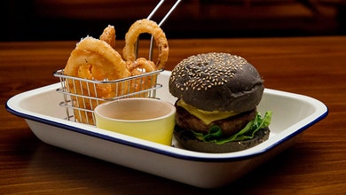 Beef Burger with Jalapeno Jam, Lemon Mayo and Truffle Salt Onion Rings