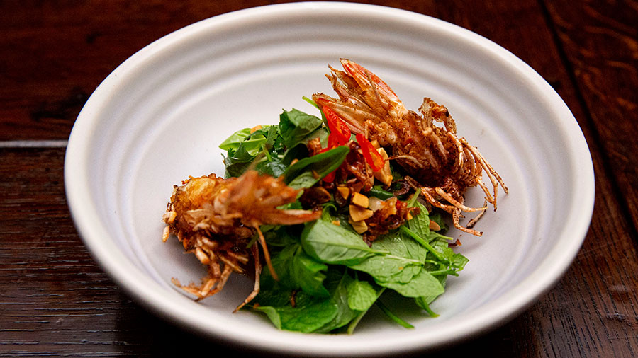 Sambal Prawn with Crispy Prawn Heads and Herb Salad