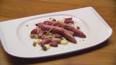 Roasted Rhubarb, Hazelnut Crumble & White Chocolate Ganache