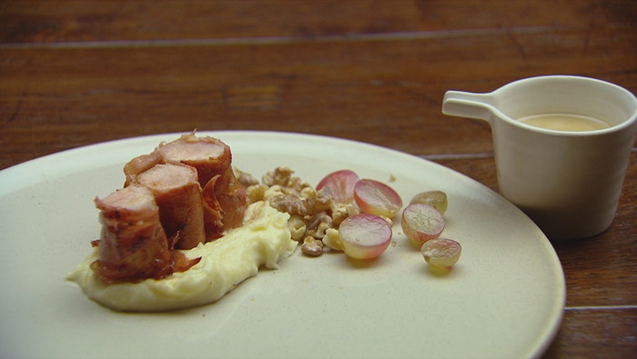 Pan-Seared Rabbit Loin with Prosciutto, Potato Puree, Toasted Walnuts and Grapes