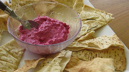 Beetroot Dip with Rosemary and Parmesan Pita Crisps