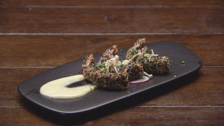 Sesame and Panko Crumbed Prawns with Wasabi Mayonnaise