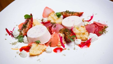 Strawberries with Cider, Goats Cheese, Grapeseed Oil Cake and Strawberry Sauce