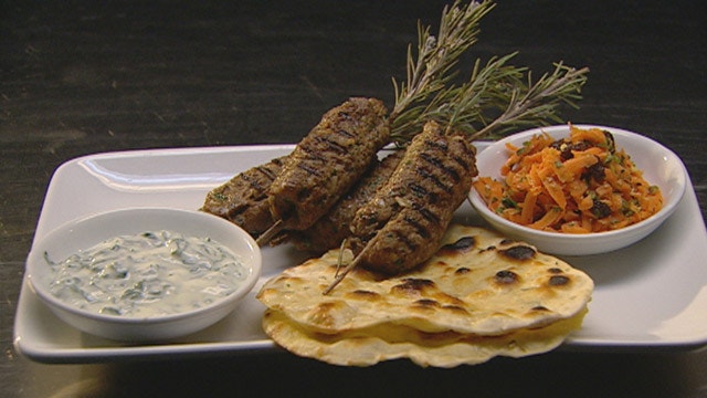 Skewered Meatballs with Rosemary Flatbread, Carrot Salad and Spinach Yoghurt