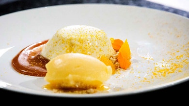 Yoghurt and White Chocolate Panna Cotta with Orange, Cardamom and Macadamia