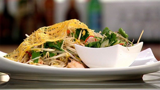 Eggnets with Pork, Prawn, Beansprouts and Cucumber Relish