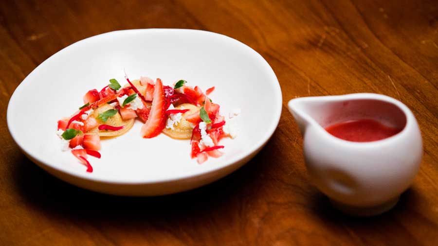 Goat's Cheese and Vanilla Ravioli with Strawberry Broth