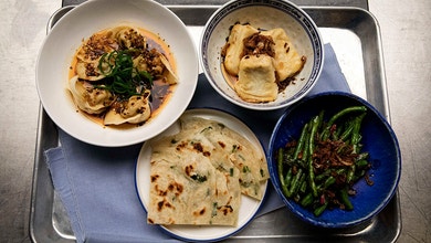 Pork and Prawn Wontons with Szechuan Chilli Oil, Crispy Silken Tofu, Green Onion Pancake and Snake Beans