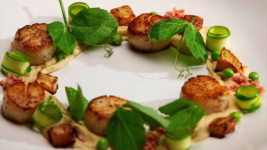 Caramalised Scallops and a Caramalised Shallot Puree with Spring Greens