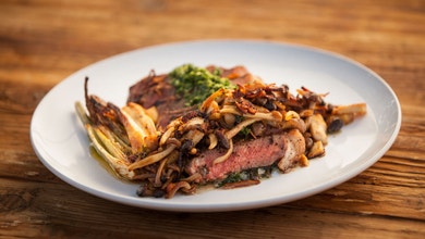 Spiced Walnut Butter Sirloin Steak with Mushrooms and Roast Fennel