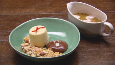 Passionfruit Semi-freddo with Chocolate Mousse, Coconut Crumb and Ginger Tropical Fruit Syrup