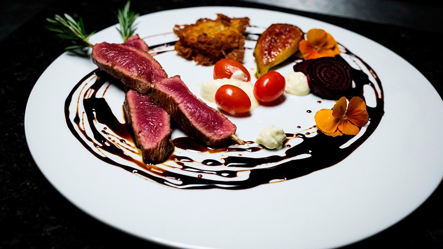 Rosemary Skewered Lamb Back Strap with Roasted Beetroot, Tomato, Figs
