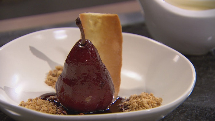 Spiced Shiraz Poached Pears with Creme Anglaise, Walnut Crumb and a Vanilla Tuile