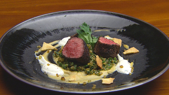 Sumac Lamb on Freekeh Pesto with Eggplant Puree and Yoghurt Sauce