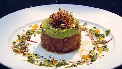 Tuna & Avocado Timbale with Mustard Green Salad