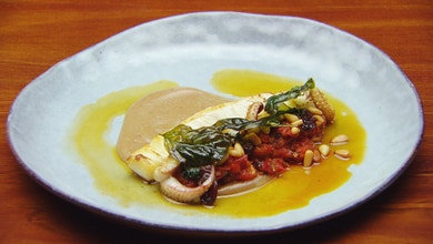 Chargrilled Cuttlefish with Garlic Bone Marrow Puree and Tomato Sugo