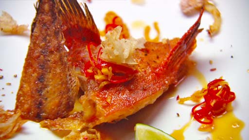 Crispy Fried Coral Trout Wings Taro Chips and Chilli Ginger Sauce