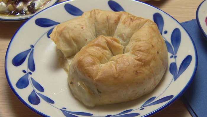 Spanakopita, Hung Yoghurt with Pine Nuts and Raisins