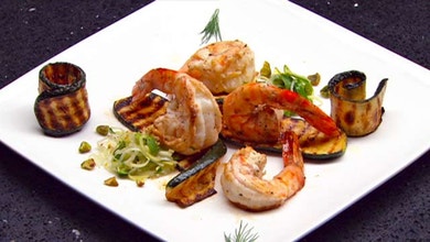 Prawns with Chargrilled Zucchini and Leek and Olive Salad