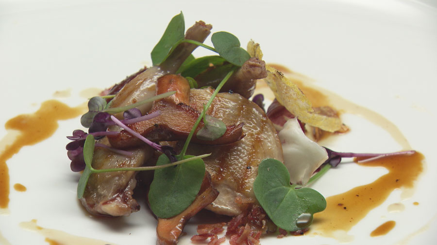 Smoke Quail with Pine Mushrooms, Chestnut and Polenta