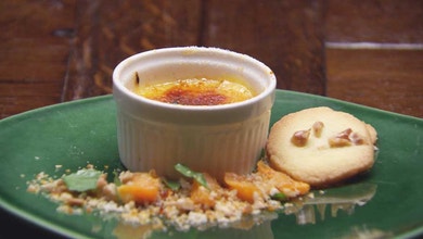 Mandarin Brulee with Walnut Butter Biscuits and Walnut Praline