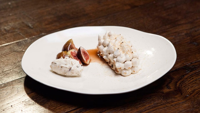 Cinnamon Cake with Port Maple Sauce, Maple Meringue and Figs 3 Ways