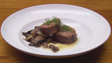 Duck Neck Sausage with Mushrooms and Leek and Fennel Puree