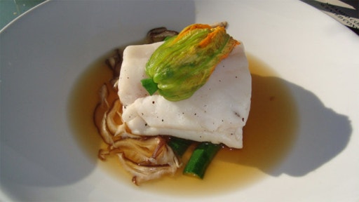 Steamed Coral Trout with Asparagus and a Tea-Scented Consomme