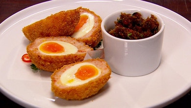 Prawn Scotch Eggs with a Coconut, Chilli Sambal